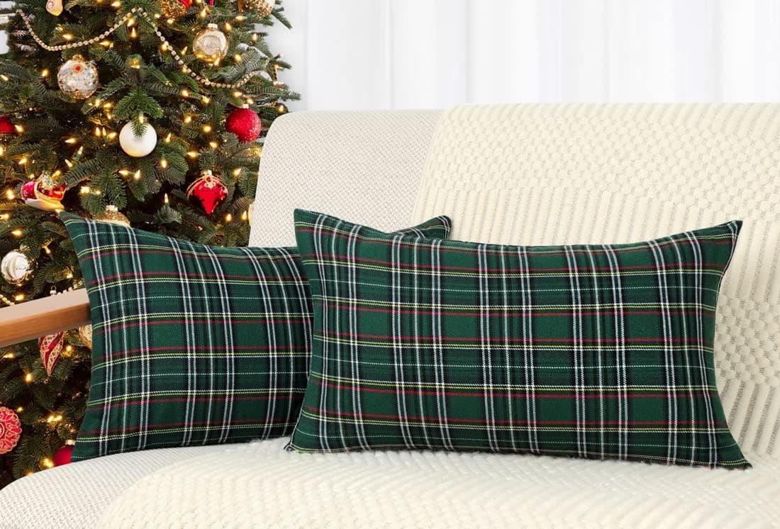 4TH Emotion Set of 2 Christmas Scottish Tartan Plaid Throw Pillow Covers Cushion Case Polyester for Farmhouse Home Decor Green and Black, 12 x 20 Inches