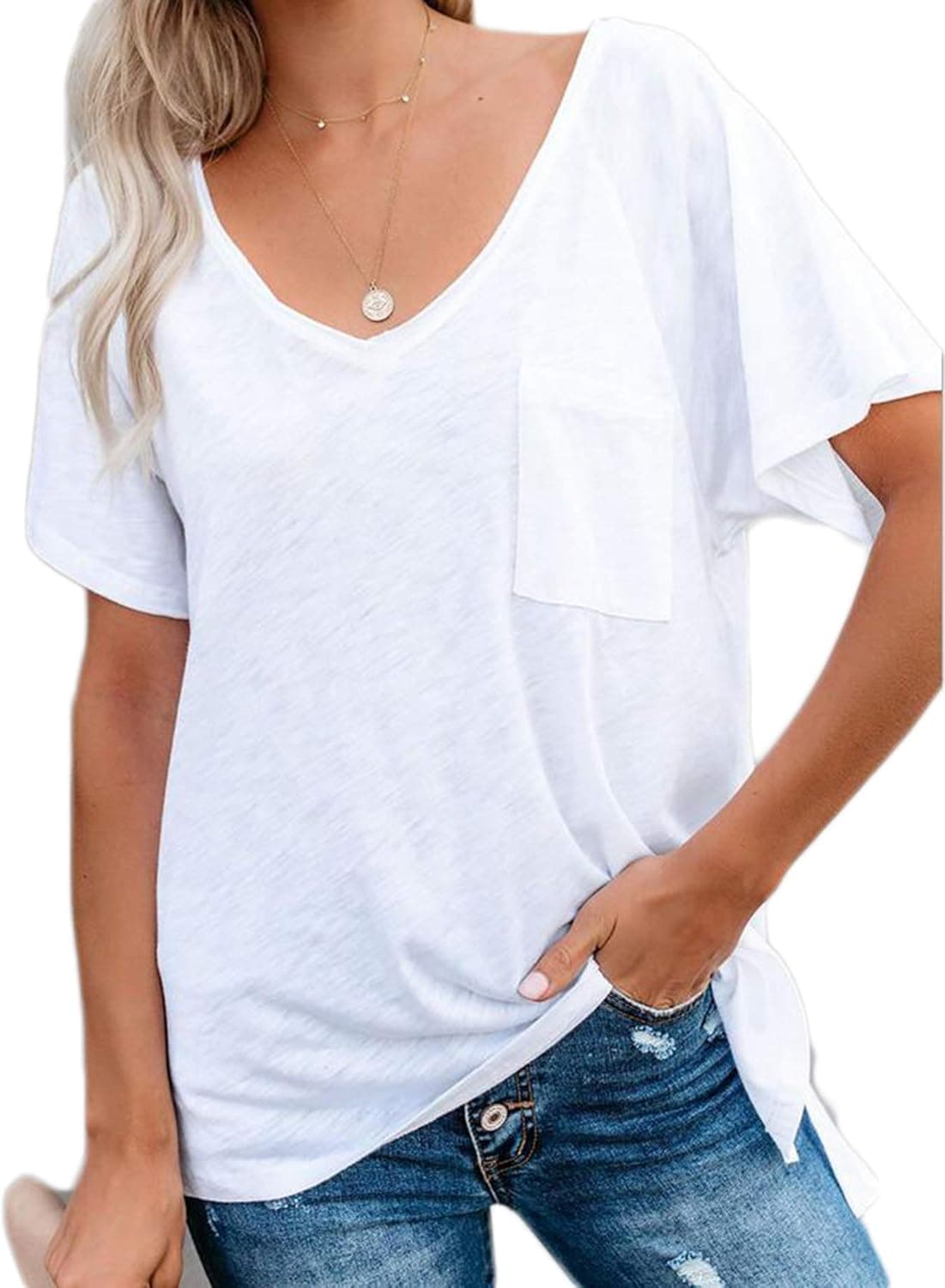 LIXIANSHI Women Tops V Neck Loose T-Shirt Casual Blouse with Pocket (L, White)