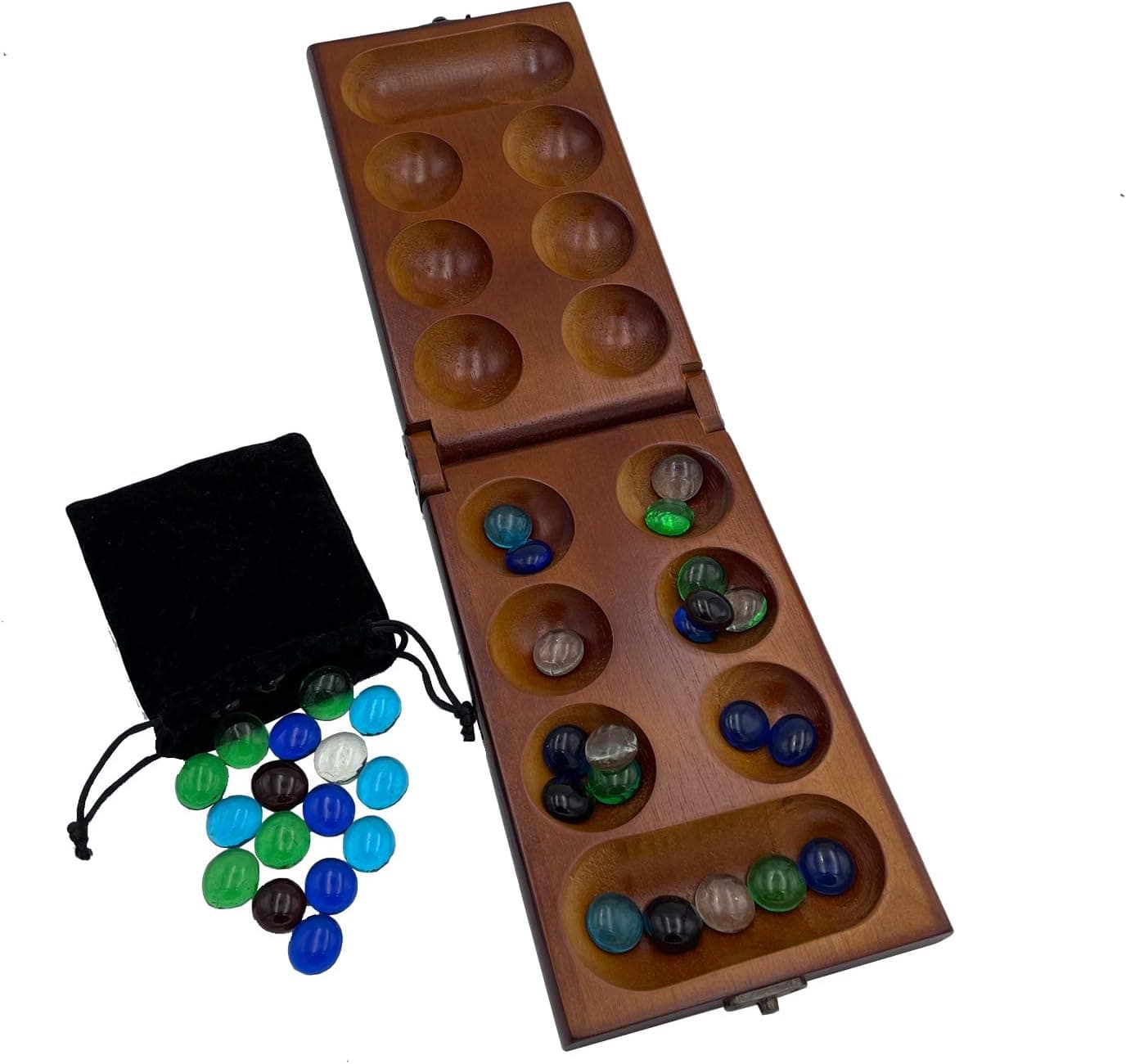 JUNWRROW Mancala Board Game with Folding Premium Wood Board & 48+5 Multi Color Glass Stones & Stone Storage Bag -Strategy Game for Family and Friends