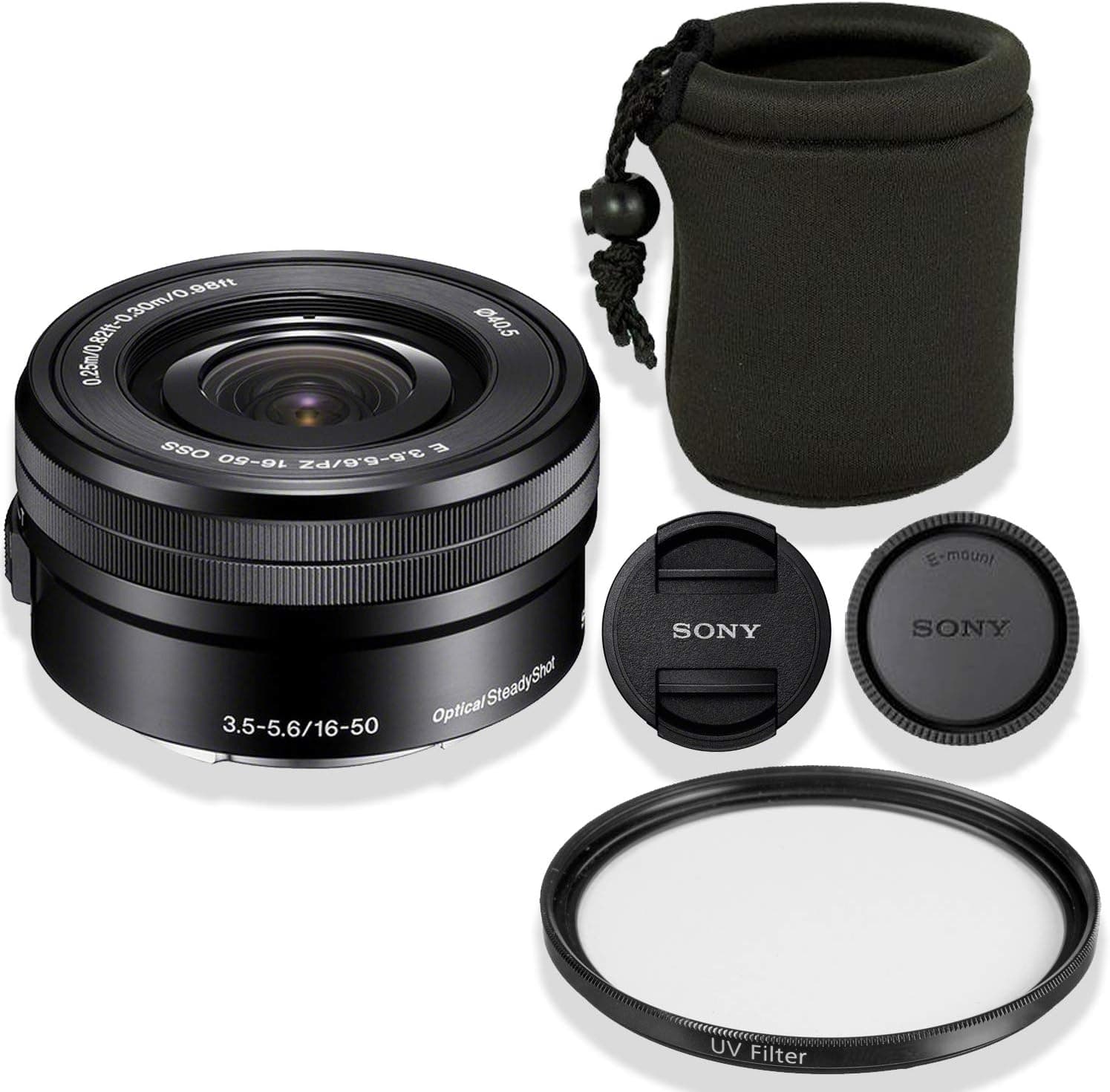 Sony E PZ 16-50mm f/3.5-5.6 OSS Lens (Black) Bundle + Deluxe Lens Pouch + High Def UV Filter (White Box)