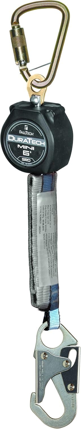 FallTech 72706SB1 MINI DuraTech 6' Compact Web Self-retracting Lifeline - 6' Mini SRD Single-Leg Steel Carabiner and Steel Snap Hook, 6', Black