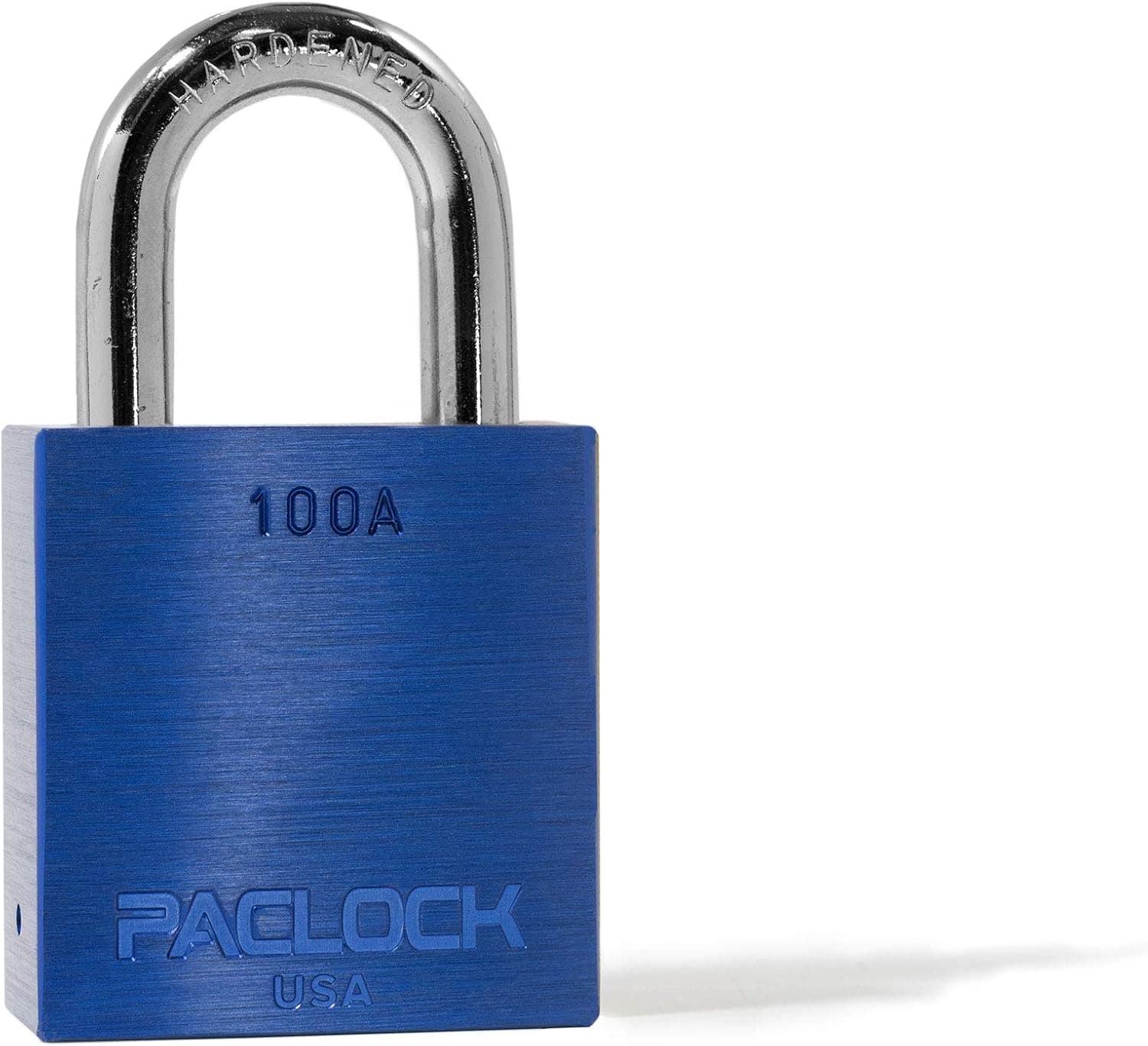 PACLOCK's 100A Series Padlock, Buy American Act Compliant, 1-3/16" Tall Hardened Steel Shackle, High Security 6-Pin Cylinder, One Lock Keyed to #26542 w/ 2 Keys, Blue Anod. Alum.