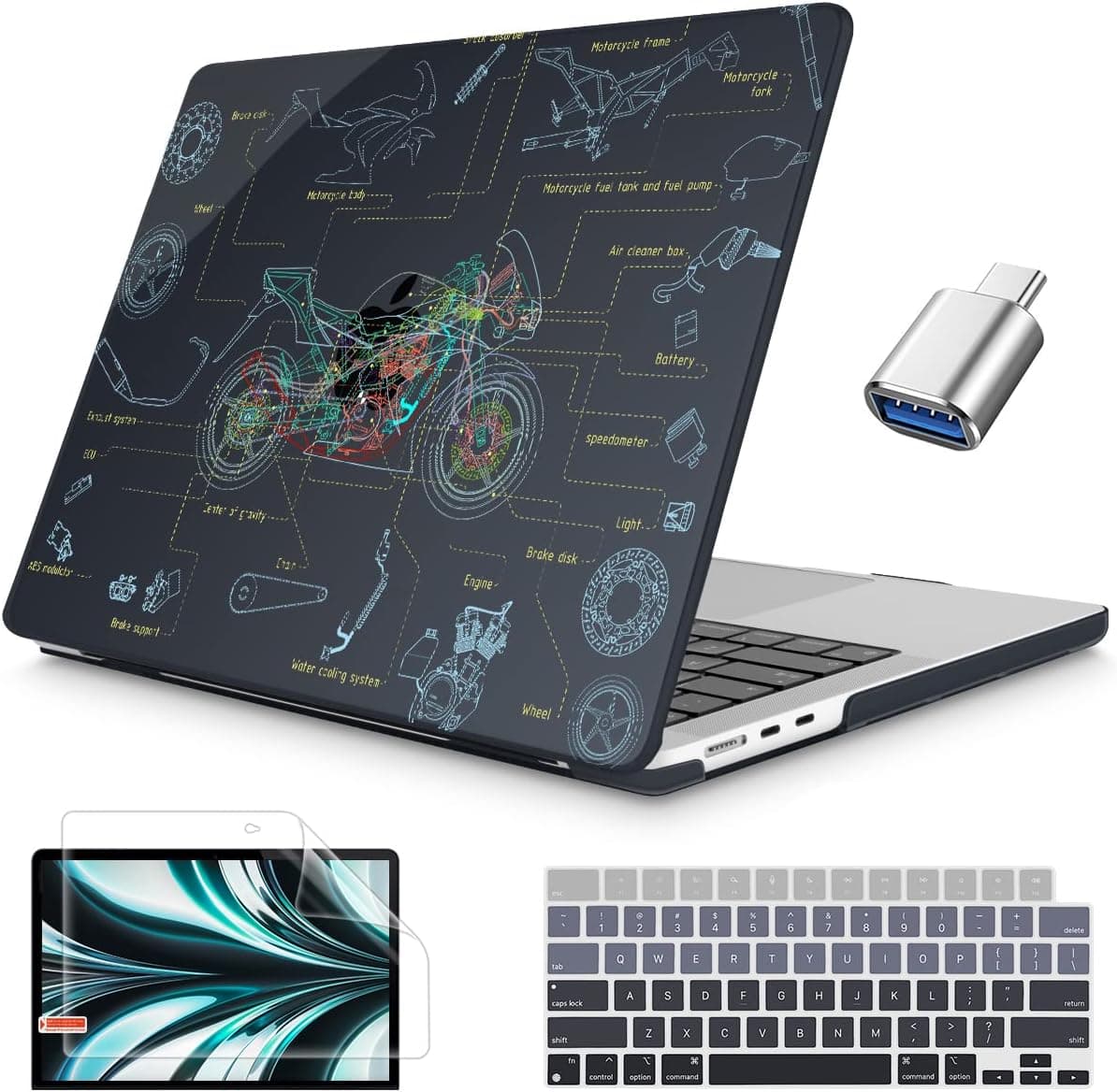 Mektron Compatible with MacBook Air 13.6 inch M2 Chip 2022 Model A2681, Hard Shell Case with Keyboard Skin & Screen Protector & OTG Adapter for MacBook 13 inch with Touch ID, Motorcycle Blueprint