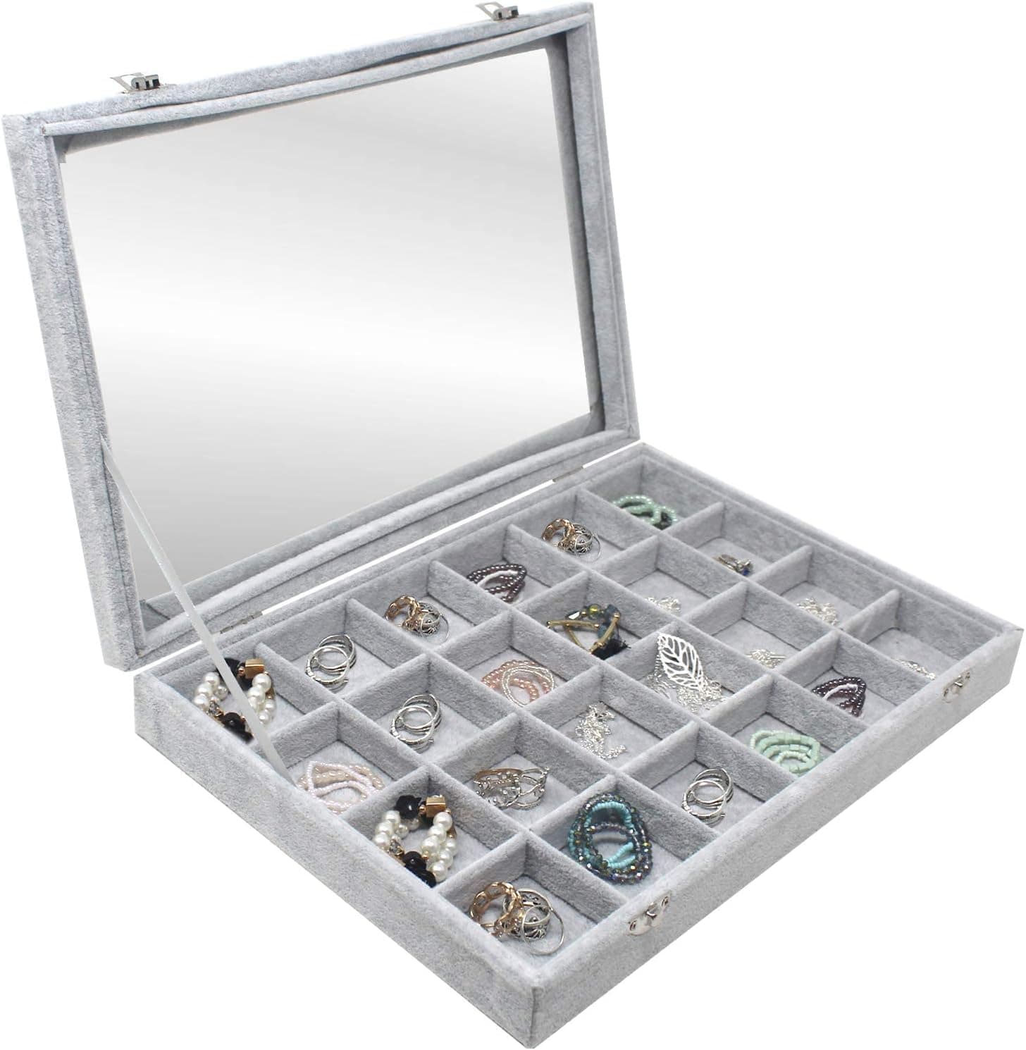 Hivory Jewelry Organizer Box - Earrings & Rings Accessories Display & Storage Tray - 24 Grid Large Showcase Holder - Jewelry Display Tray with Transparent Lid(Grey)