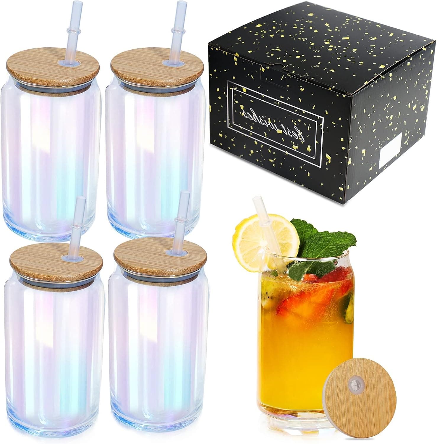 4 Pack Glass Cups with Bamboo Lids and Straws, 16 oz Iced Coffee Cup, Iridescent Drinking Glasses, Beer Glasses, Cute Tumbler Cup, Glass Cups for Teacher Gift Cocktail, Party Favors, Yogurt, Juice