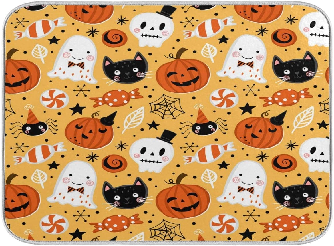 One Bear Halloween Dish Drying Mat for Kitchen Counter, Skull Pumpkin Witch Ultra Absorbent Reversible Microfiber Dishes Drying Rack Pad Heat-resistant Mats 16x18in