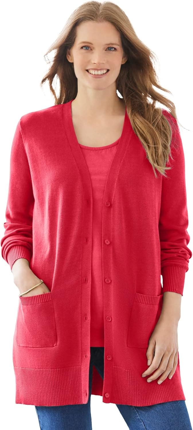 Woman Within Women's Plus Size Longer-Length Cotton Cardigan Sweater - 1X, Classic Red