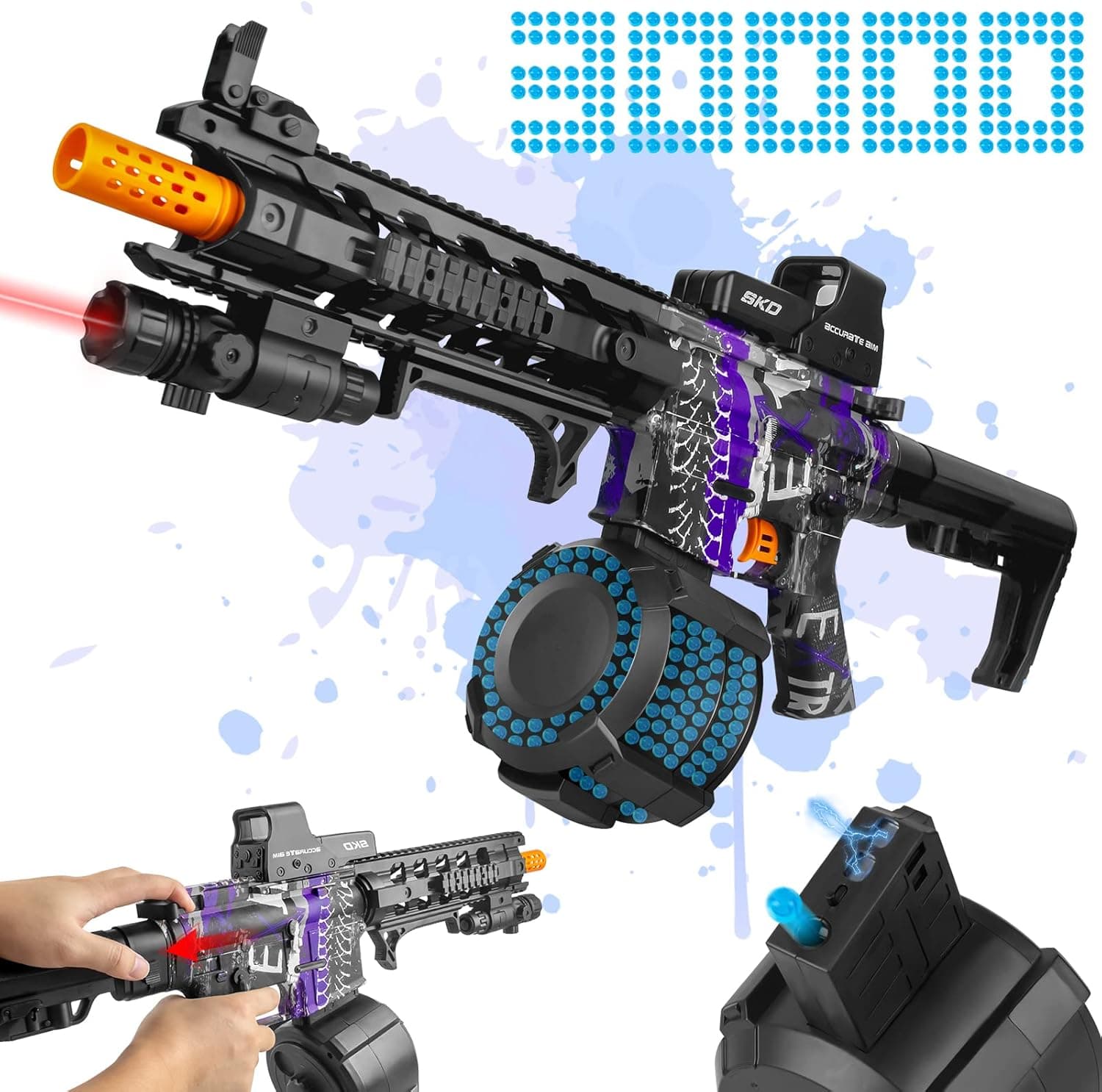 Large Gel Ball Blaster with Drum and Sight,Electric Cool Ball Blaster with 30000+ Gel Balls, for Shooting Team Game, Ages 12+