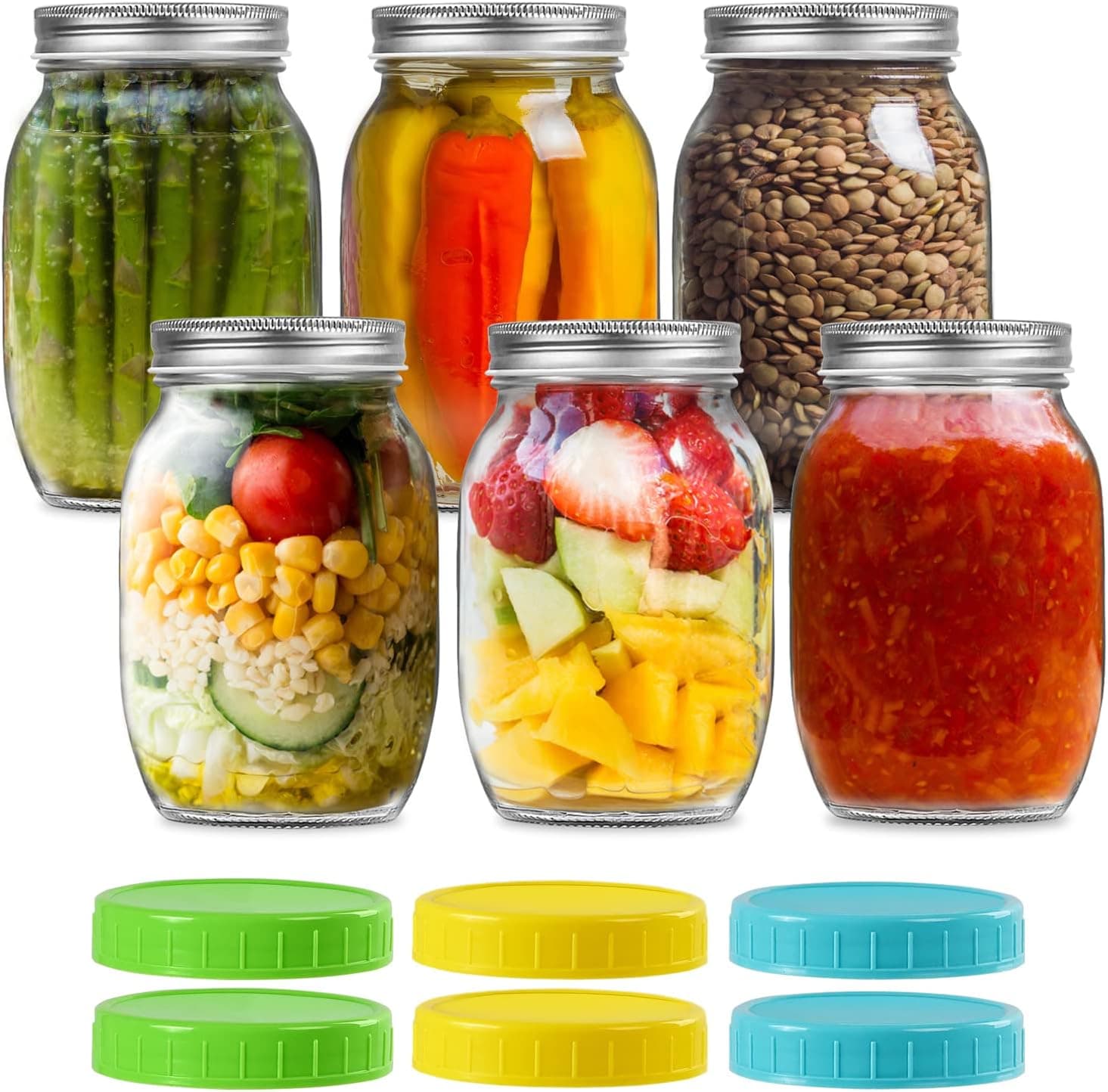 32 oz Wide Mouth Mason Jars with Metal Lids & Plastic Lids, Quart Size Clear Glass Jars for Preserving, Meal Prep, Salad, Canning, Fermenting, Favors, Home Decor, DIY - 6 Pack