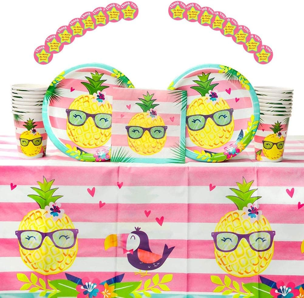 Pineapple n' Friends Luau Birthday Party Supplies Pack for 16 Guests | Stickers, 16 Dinner Plates, 16 Luncheon Napkins, 1 Table Cover, and 16 Cups |Pineapple, Toucan, Flamingo Design | Summer Fun