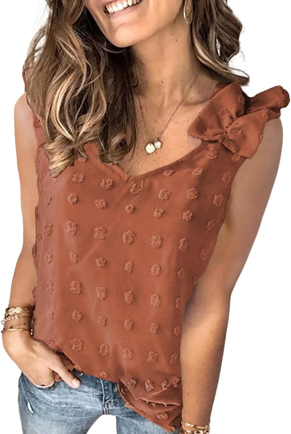 Sidefeel Women Tie Shoulder Frill Smocked Crop Tank Top Strap Vest