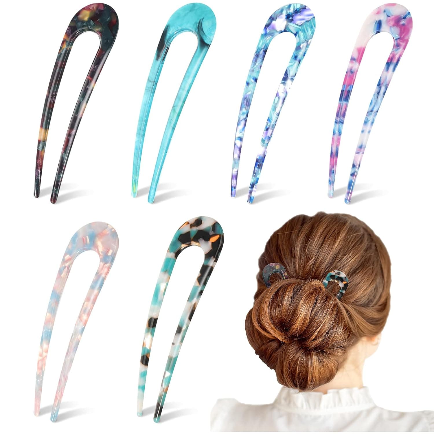 6 Pieces French Style Hair Pins U Shaped Hairpin Cellulose Acetate Tortoise Shell Hair Fork Sticks for Long Hair, 2 Prongs Leopard Updo Chignon Pin Hair Accessories for Women Girls (Bright Patterns)