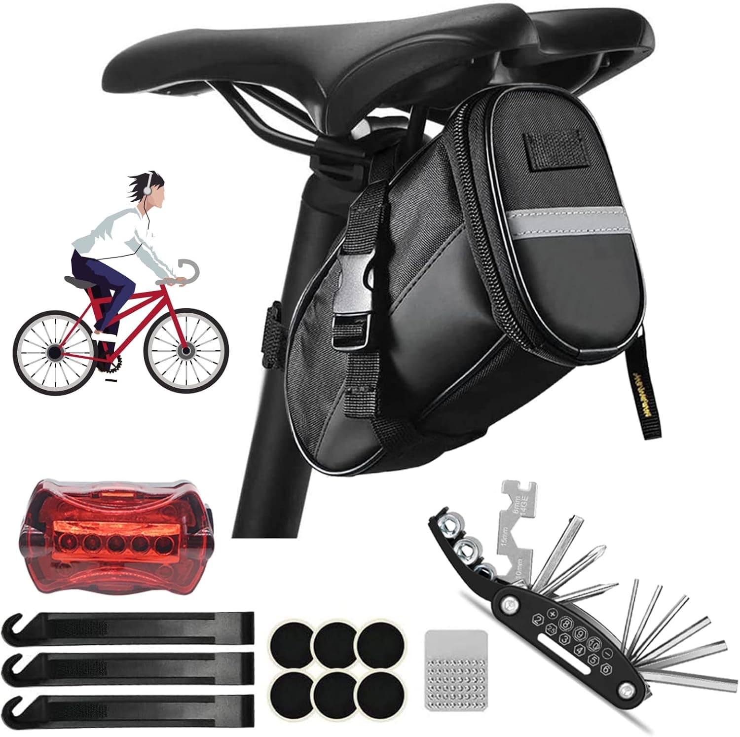 Bicycle Repair Tool Seat Bag Set,Mountain RoadBike Saddle Bag with 16-in-1 Repair Kit, Safety Light, Pre Glued Patchs