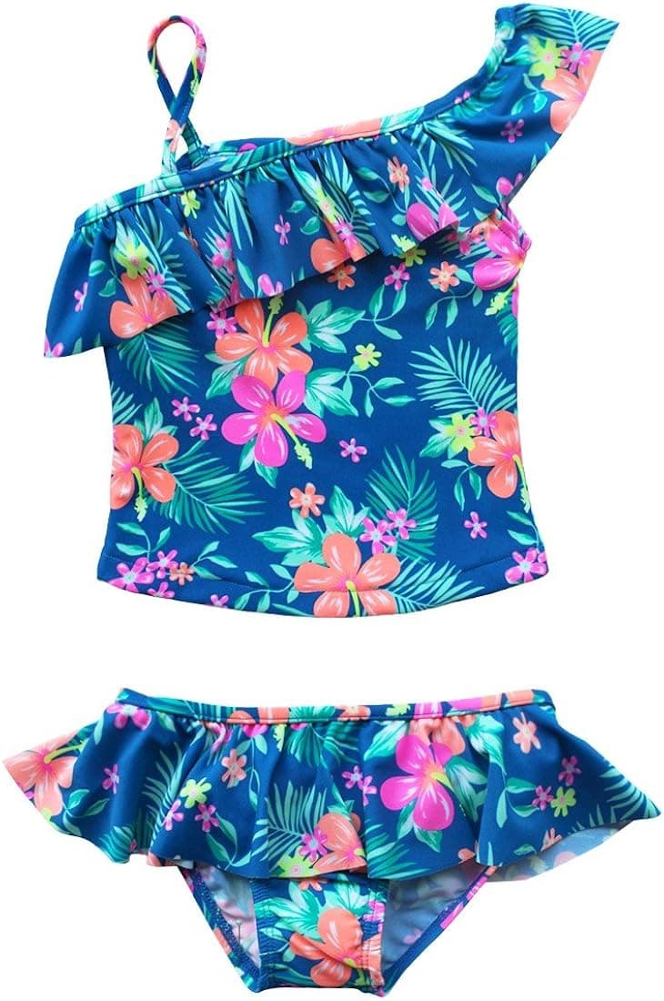 Agoky Baby Girls 2 Pieces One Shoulder Ruffle Floral Tankini Sets Bathing Suits Swimwear Beachwear