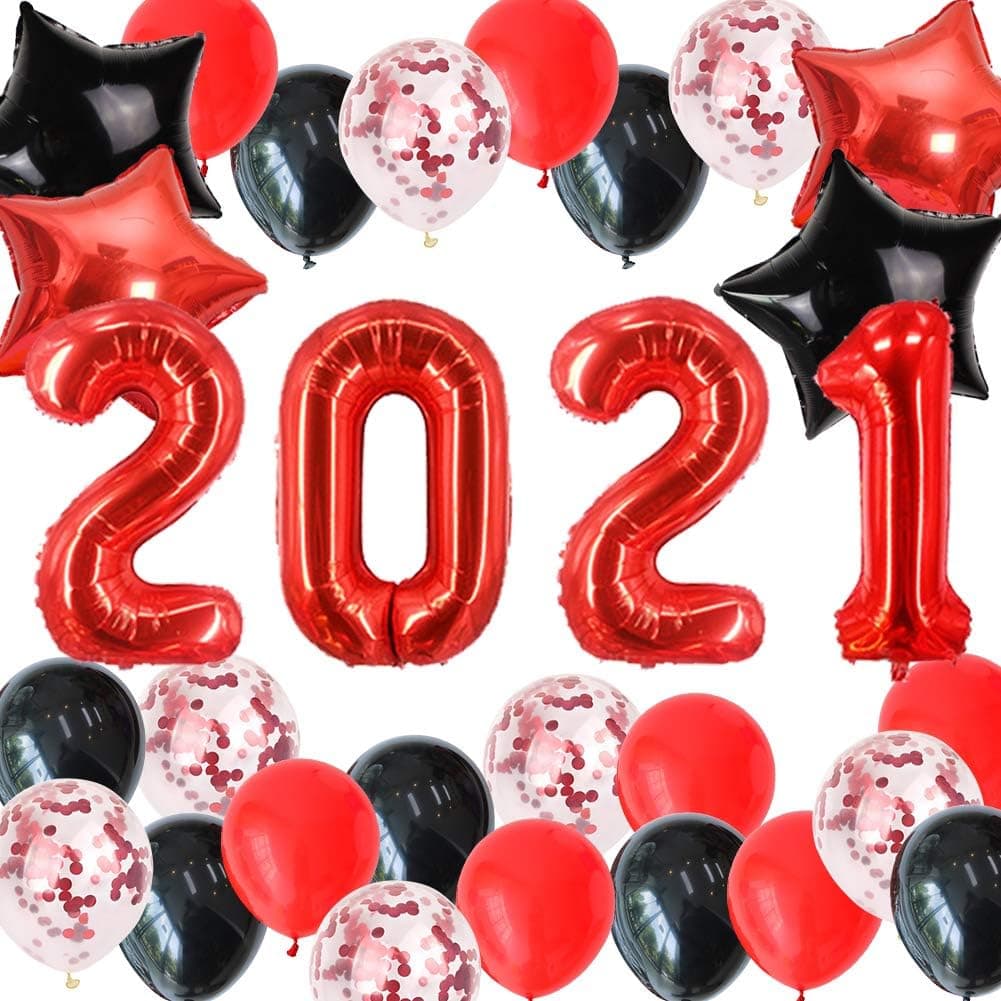 2021 Balloons, New Years Eve Party Decorations, Graduations Party Supplies, 40 Inch Red 2021 Foil Number Balloons Star Foil Balloons Latex Balloons for Birthday Anniversary Class of Prom Party