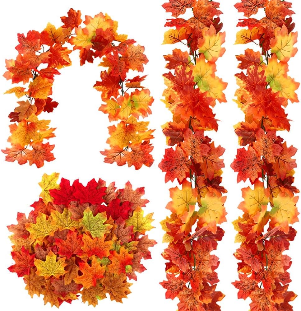 COCOBOO 3 Pack Fall Garland and 200 PCS Maple Leaves, Maple Leaves Garland for Home Garden Doorway Fireplace Halloween Thanksgiving Décor