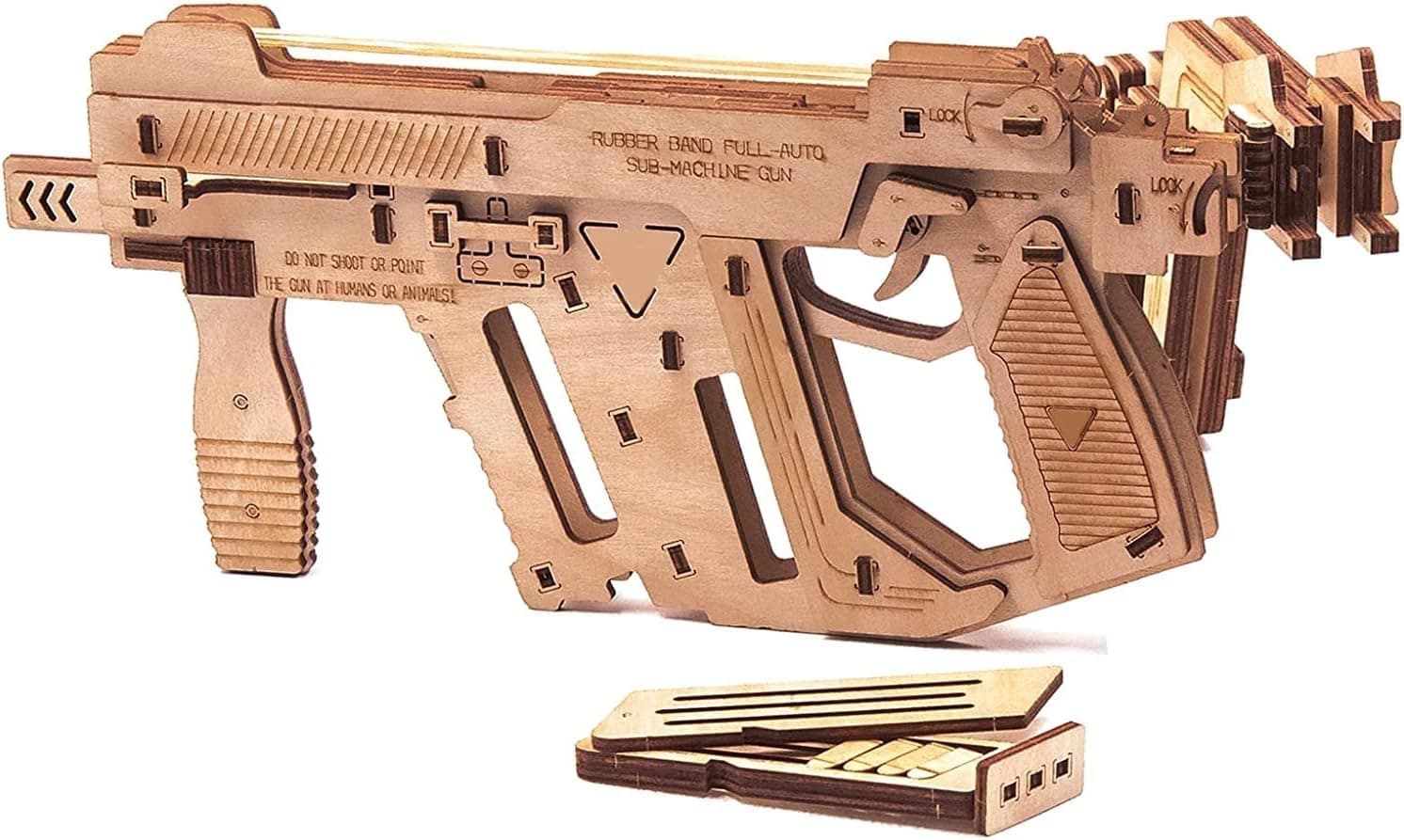 Caliber Gourmet 3D Wooden Puzzle Rubber Band Machine Gun Toy DIY Craft Kit, Wood Model Kit for Adults & Kids to Build, Brain Teaser Wooden Jigsaw Puzzles Mechanical Gift(Machine Gun)