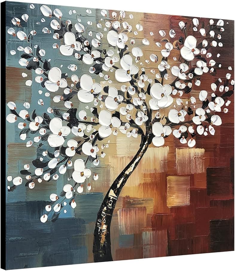 Wieco Art Large Modern Abstract White Flowers Oil Paintings on Canvas Wall Art Morning Glory 100% Hand Painted Floral Gallery Wrapped Artwork for Living Room Bedroom Home Office Decor