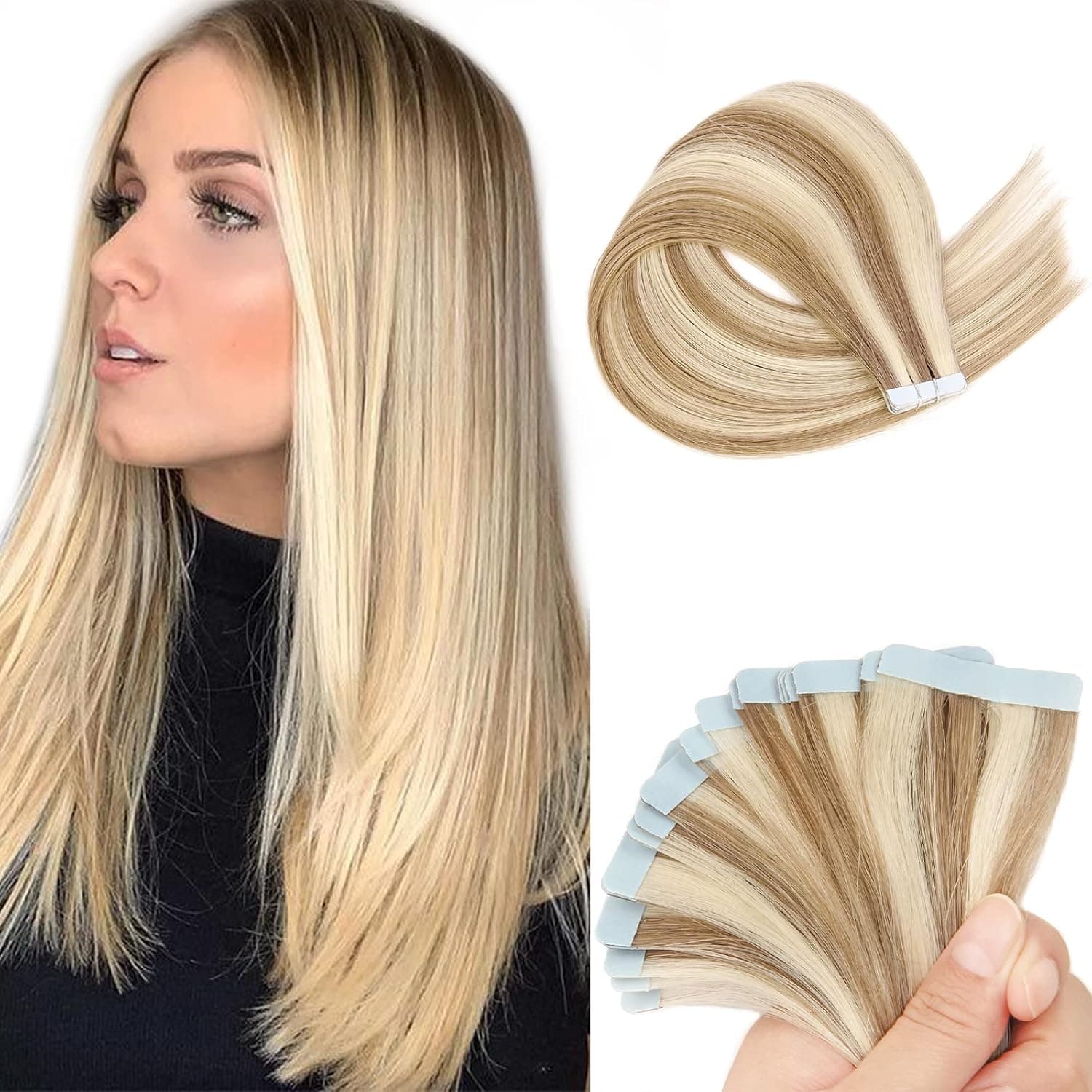 SPIKFN Tape in Hair Extensions Human Hair, 14 Inch Extensions Human Hair Natural 100% Real Hair Extensions for Short Hair / Fashion Women 20PCS 50g - #P18 Dark Blonde Mixed with #613 Bleach Blonde