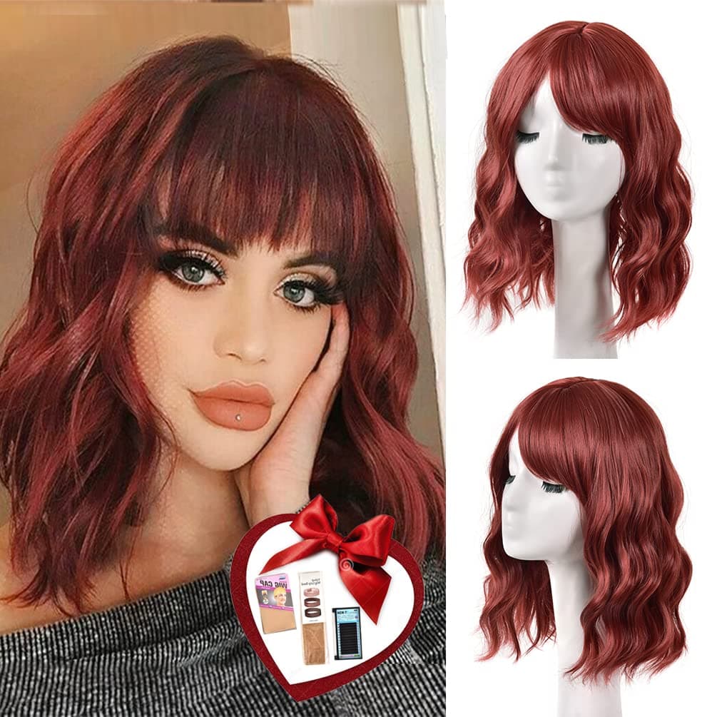YEAME Short Wavy Red Bob Wig with Bangs, Realistic Colored Fun Shoulder Medium Length Red Wigs for Women, Premium Synthetic Wine Red Wig with Bangs Cosplay