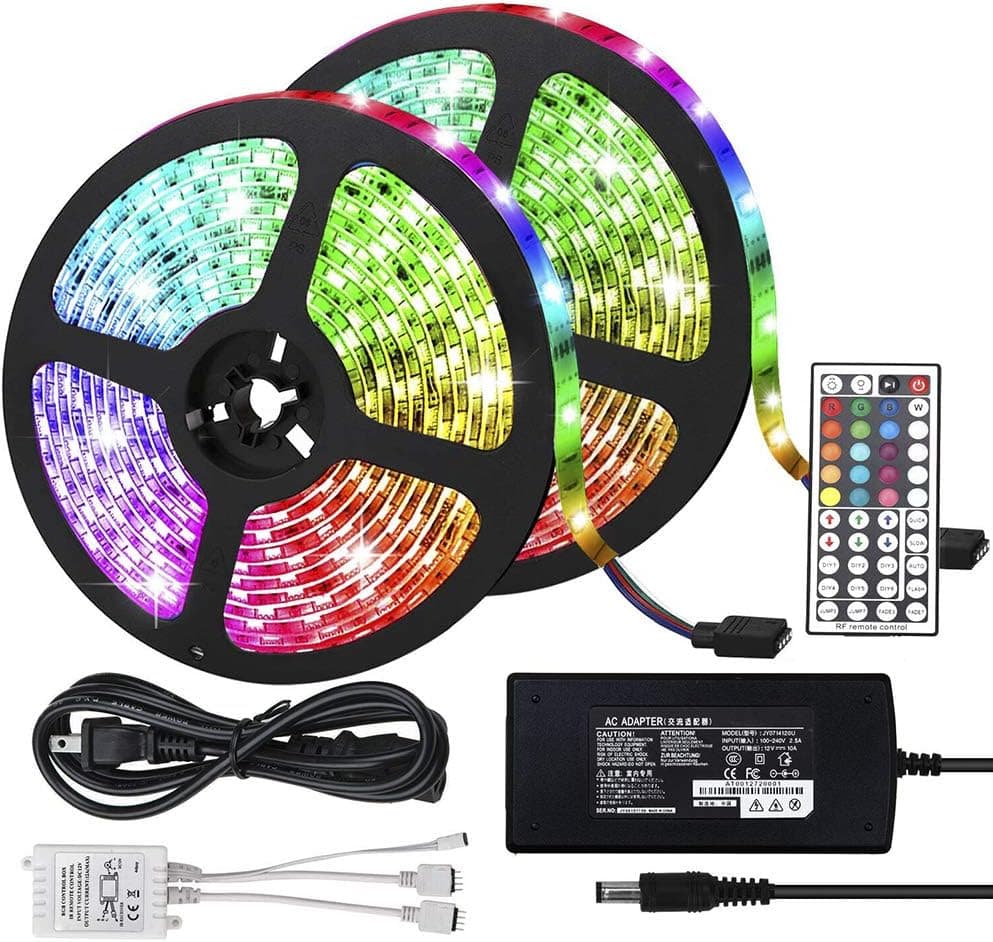 ELENKER LED Strip Lights Kit, Flexible Color Changing 5050 SMD RGB 600 LEDs 32.8ft 10m with 44 Keys IR Remote Control and 12V Power Supply for DIY Home Bedroom Kitchen Decoration Lighting