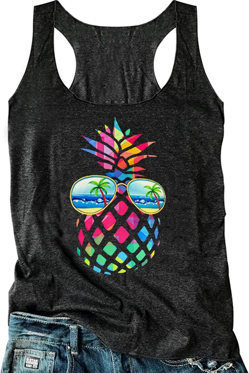 Vintage Colorful Pineapple Sunglasses Beach Racerback Tank Top Womens Funny Graphic Summer Sleeveless T Shirt Tanks Cami