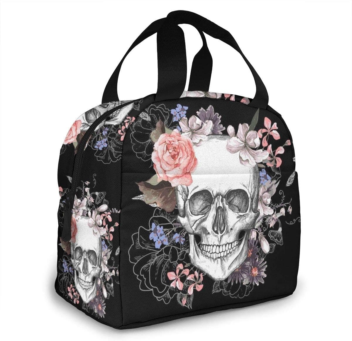 Pink Floral Sugar Skull Flower Insulated Lunch Bag For Women Men Reusable Lunch Box With Front Pocket Lunch Tote Bag For Travel/Picnic/Work/School