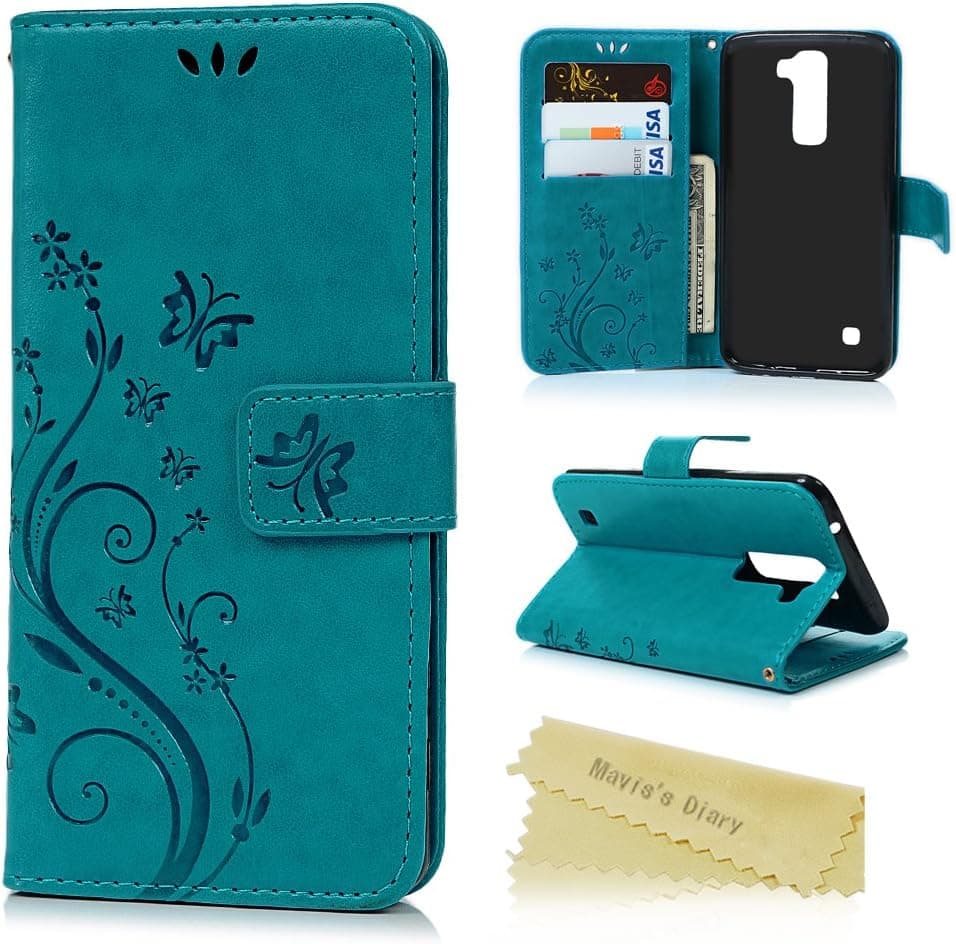 Mavis's Diary LG K7 Case Fashion Premium PU Leather Wallet Embossed Butterfly Floral Flip Folio Case & Card Holders Cash Slots Magnetic Clasp Wrist Strap with Soft TPU Inner Cover - Blue