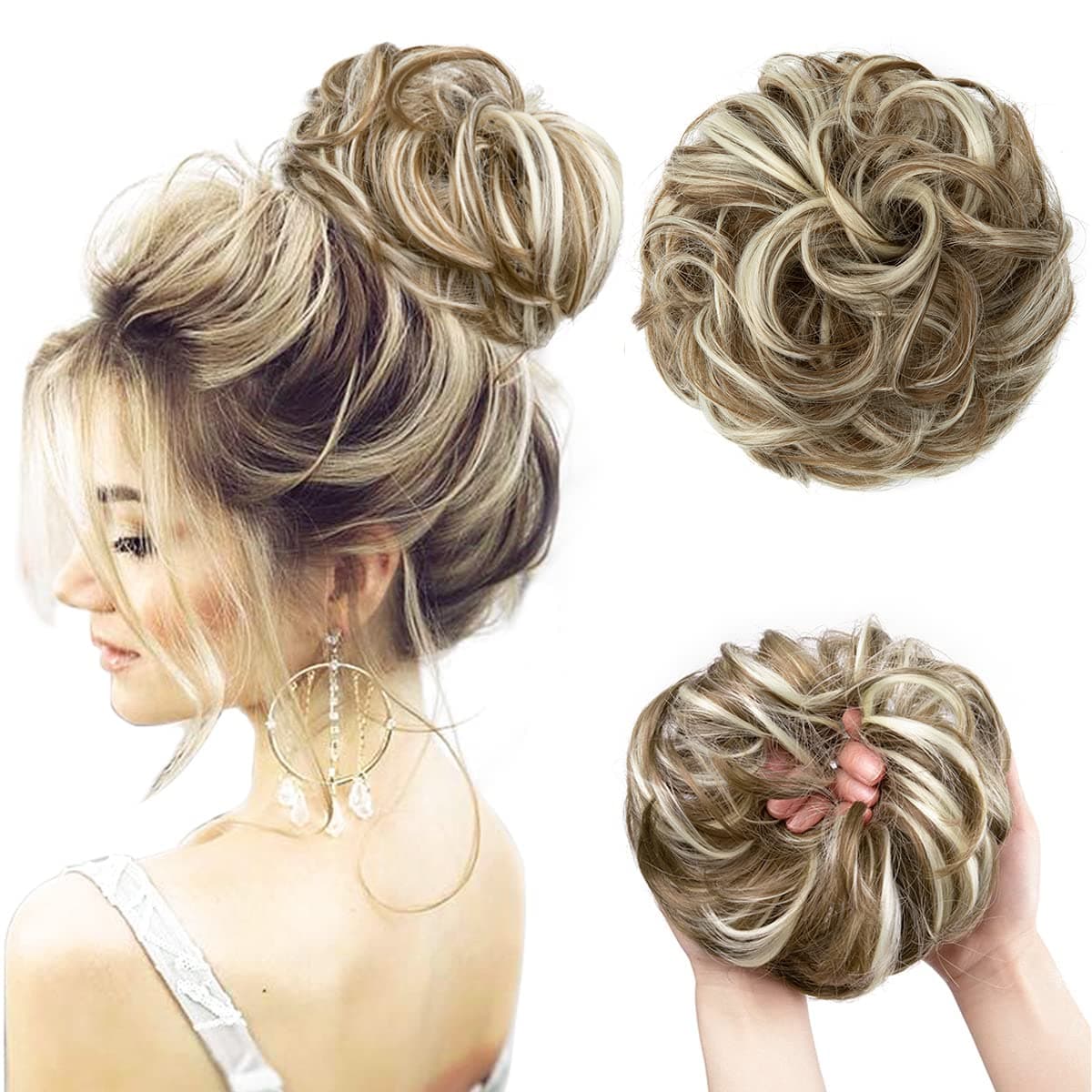 CJL HAIR Large Messy Bun Hair Piece Wavy Curly Scrunchies Synthetic Chignon Ponytail Hair Extensions Thick Updo Hairpieces for Women (Wavy, Curly, Greenish Brown/Beach Blonde)