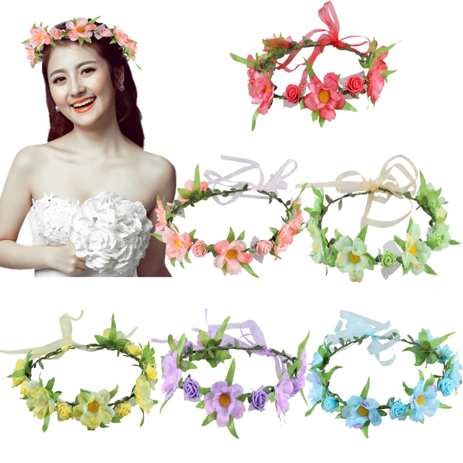 6Pcs Adjustable Floral Headbands with Elastic Ribbon Flowers Crown Garland Women Girls Teens Headpiece for Party Wedding Beach Festival