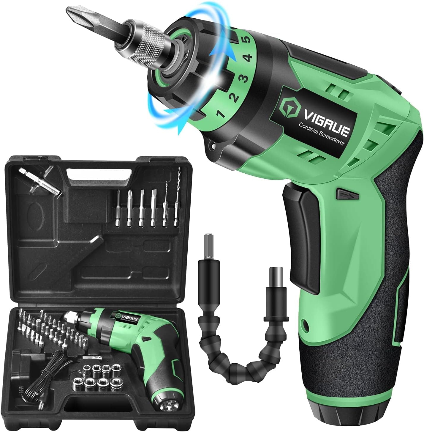 Cordless Screwdriver, VIGRUE Rechargeable Electric Screwdriver with LED Light, Flexible Shaft