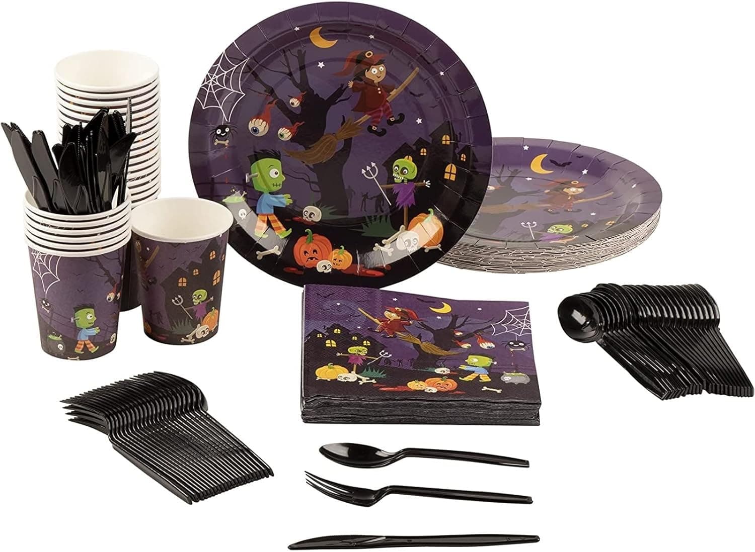 Spooky Halloween Party Bundle, Includes Plates, Napkins, Cups, and Cutlery (24 Guests,144 Pieces)