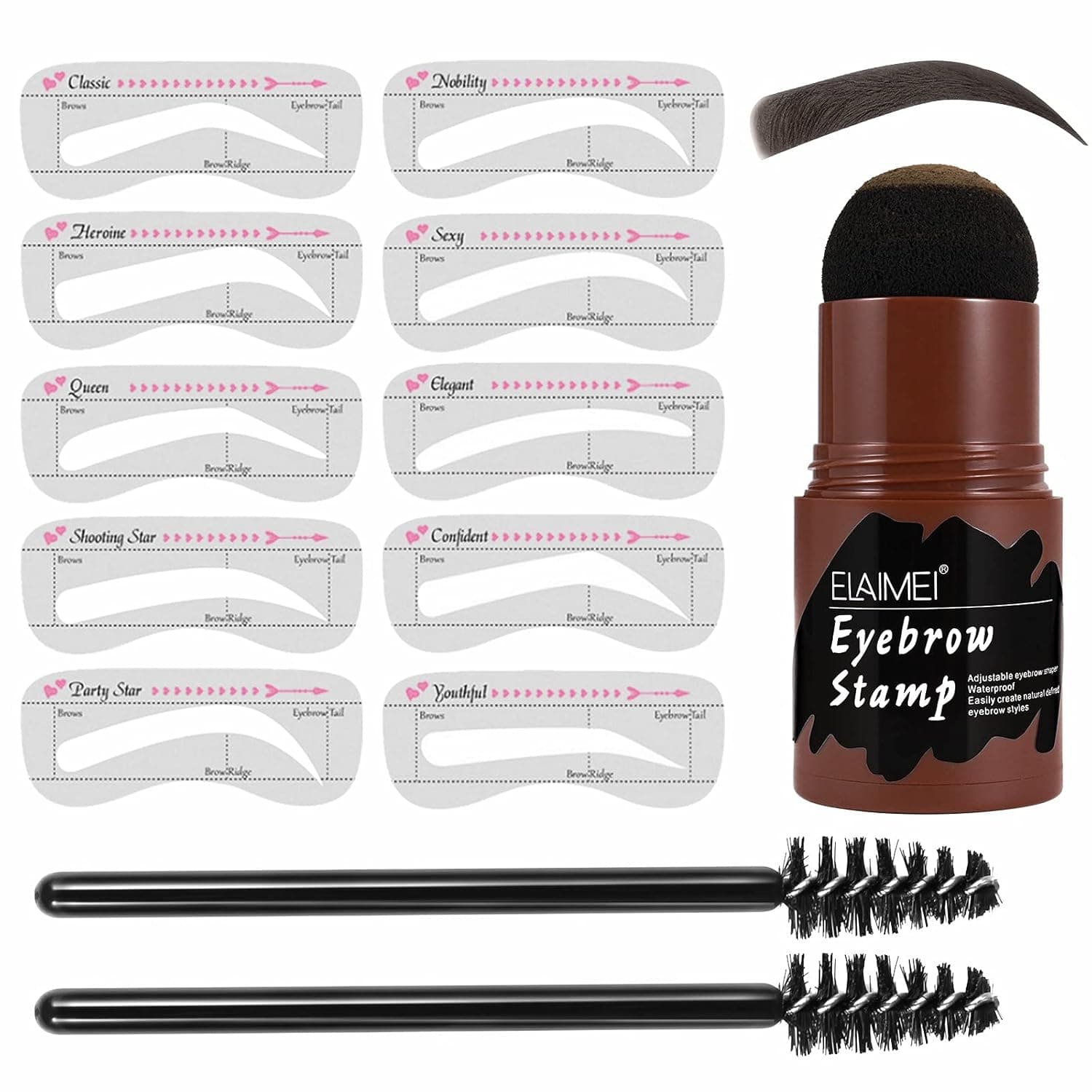 Mouis Eyebrow Stamp Stencil Kit, Pencil Set,Eyebrow Powder Makeup with 10 Reusable Brow Stencils & 2 Brushes,Instantly Color Tint and Shape your Brows (Medium Brown), 13 Piece Set