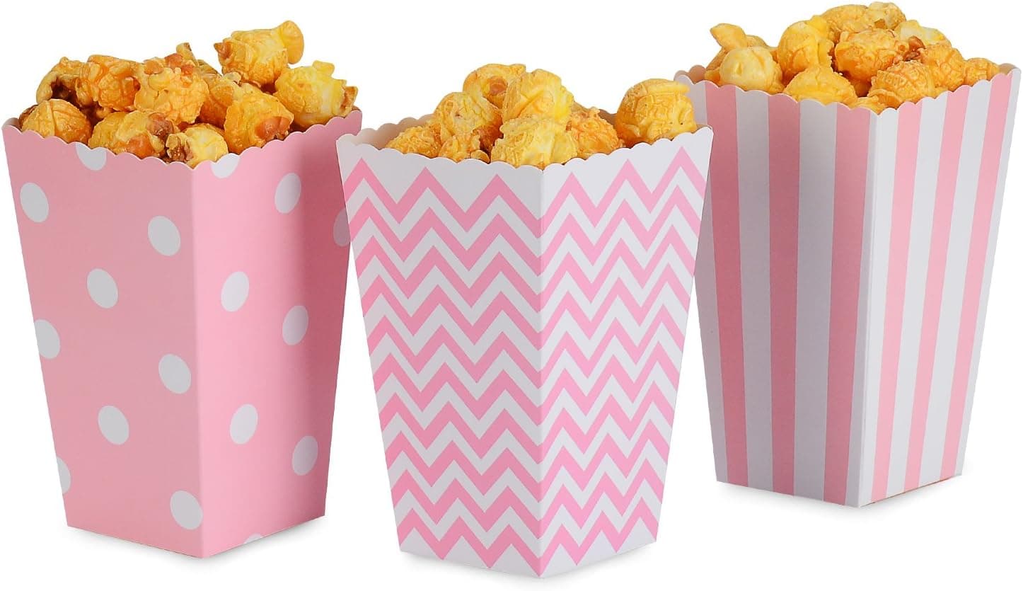 NUIBY Popcorn Boxes, Pink Trio (36 Pack) Polka Dot, Chevron, Stripe Treat Boxes - Small Movie Theater Popcorn Paper Bags for Dessert Tables & Wedding Favors