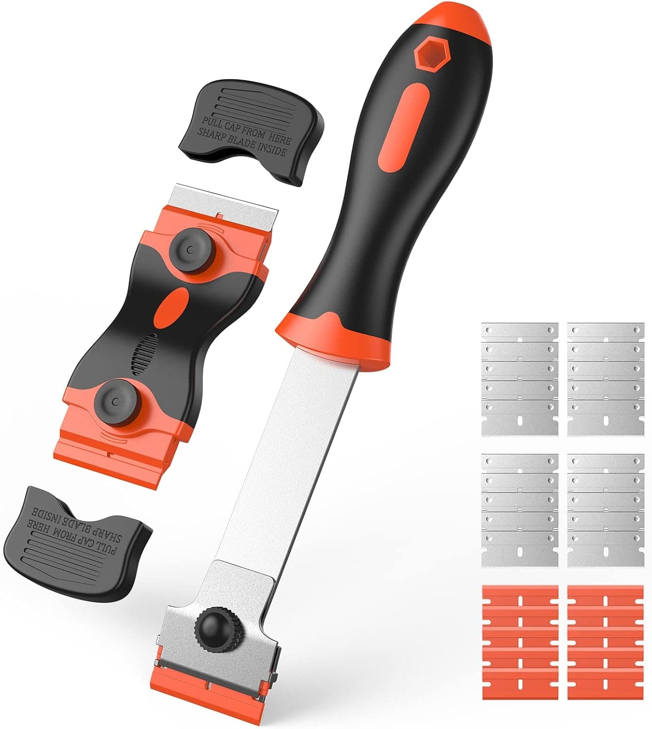 BSUXMAFG Razor Blade Scraper, 2PCS Razor Scraper Tool, 2-in-1 Razor Scraper Set with 30Pcs Razor Blades, for Removing Label, Registration Sticker, Tint, Grease from Windshield, Appliance, Glass