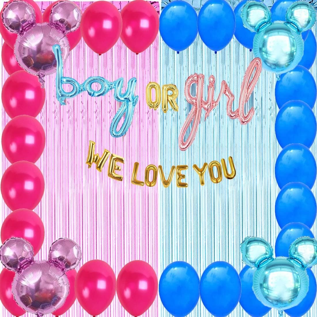 GENDER REAVEAL PARTY SUPPLIES DECORATION 'BOY OR GIRL WE LOVE YOU' /BALLOONS FOIL COURTIN PINK AND BLUE BANNER