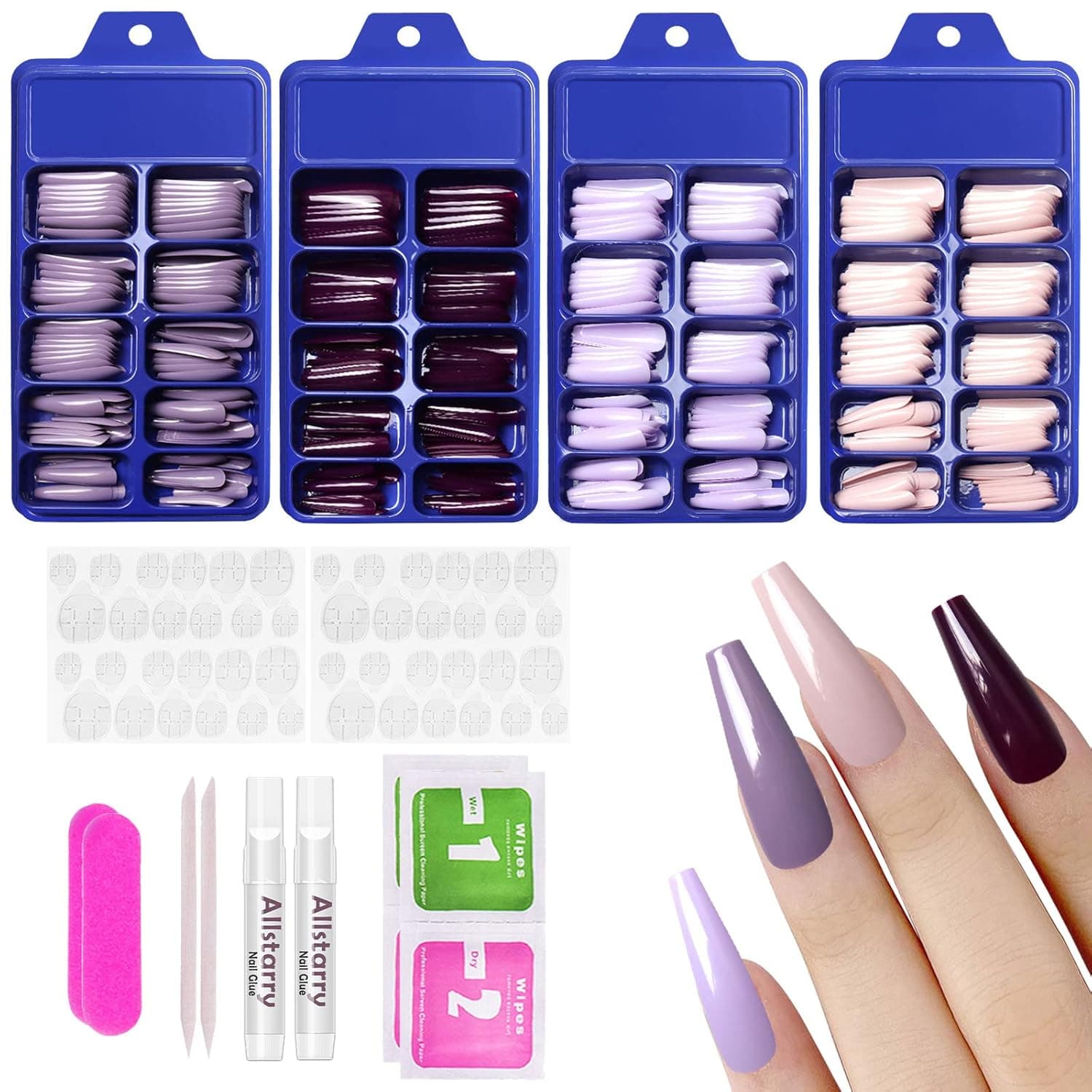 Allstarry 400pcs Press on Nails Extra Long Ballerina Coffin Fake Nails Acrylic Artificial Nails Purple Full Cover Colorful Nails with Box Nail Accessories for Women and Girls