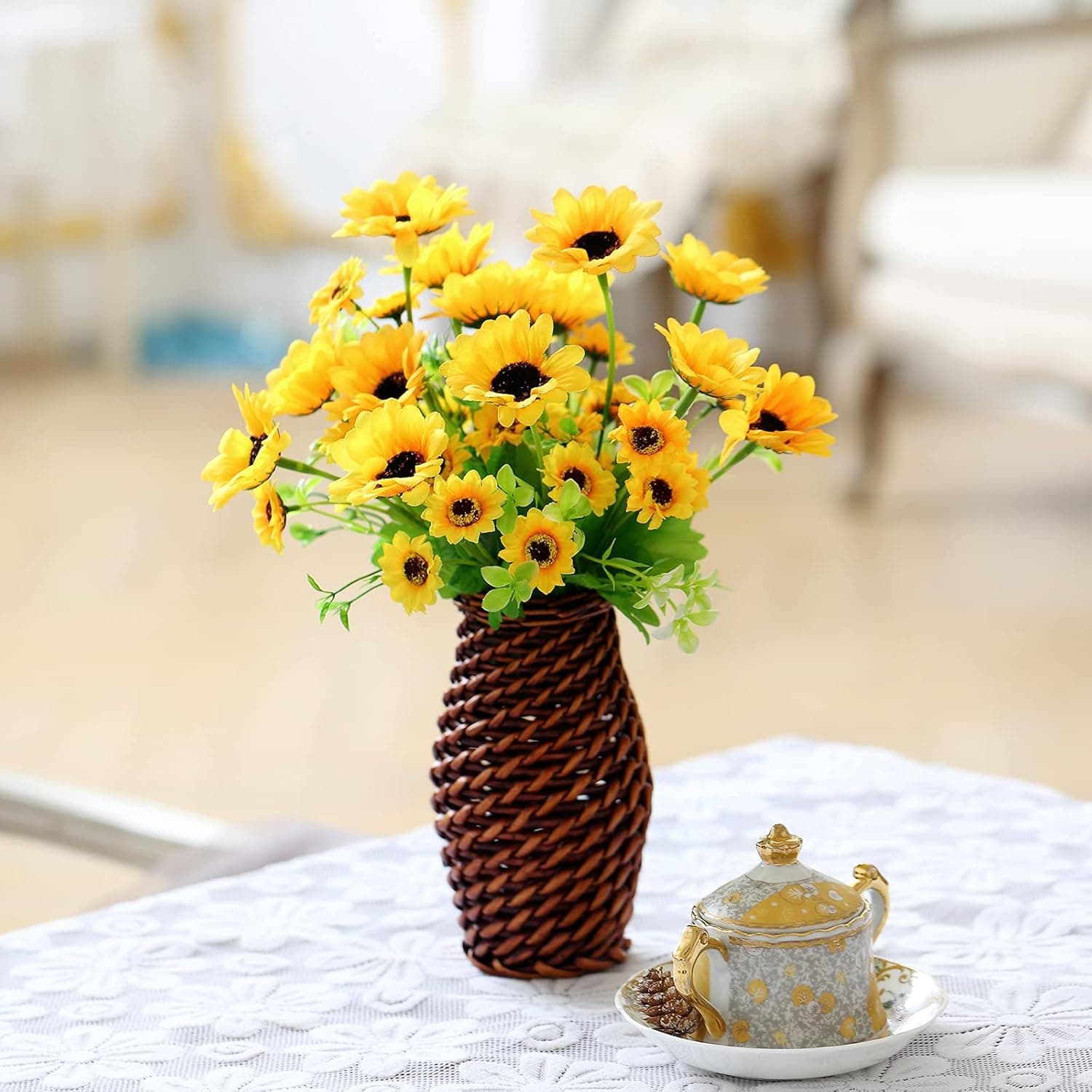 Autumn Artificial Flower Decorations, Rayon Sunflower and Handmade Vintage Willow Rattan vase, Home Office Layout on The Table, Home Decoration, Wedding Decoration, Silk Flower