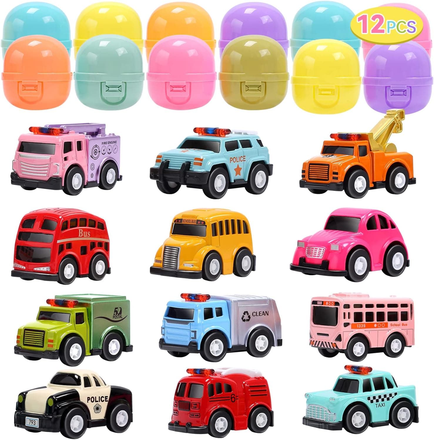 CUTE STONE 12 Pack Filled Easter Eggs with Alloy Pull Back Cars, Easter Basket Stuffers Party Favors, Easter Eggs Hunt Classroom Prize Supplies for Kids