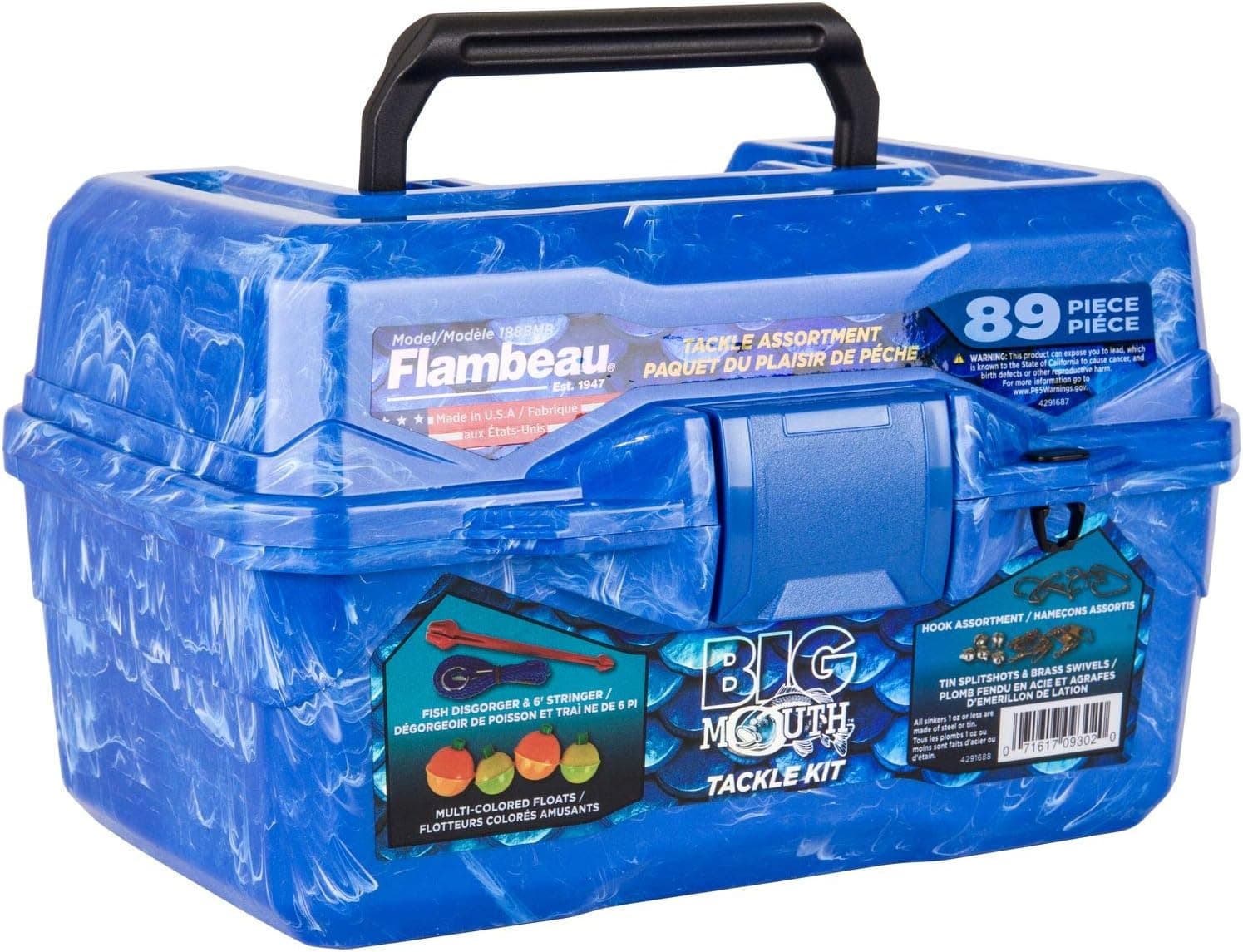 Flambeau Outdoors 355BMR Big Mouth Tackle Box 89-Piece Kit, Complete Starter Fishing Tackle Kit with Stringer, Hooks, Bobbers and more - Pearl Blue Swirl
