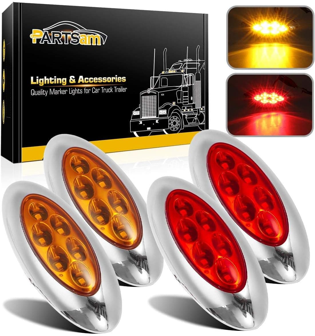 Partsam 4 Pcs 4-1/3" Red/Amber Led Oval Side Marker and Clearance Lights with Chrome Bezel, Oval led trailer marker lights, Trailer Parking and Turn Signal Lights, Aux Stop Turn Tail Brake Lights