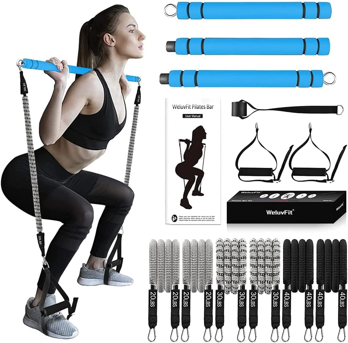Pilates Bar Kit with Resistance Bands, WeluvFit Fabric Covered Anti-Break Exercise Bands Set for Squat Yoga,3-Section Stick Fitness Equipment w/ 2 in 1 Handle Foot Straps & Door Anchor for Women,Men