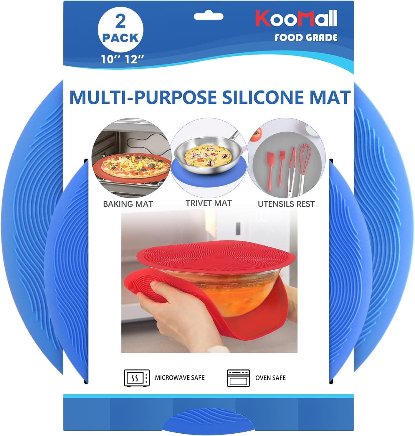KooMall 12 10 Inch Multi-use Microwave Mat, Trivet, Pot Holders, Drying, Baking, Place Mat, Utensils Rest, Silicone Cover Pad for Hot Pots Pans Bowls Plates Dishes Kitchen Counter, Heat Resistant,Blue