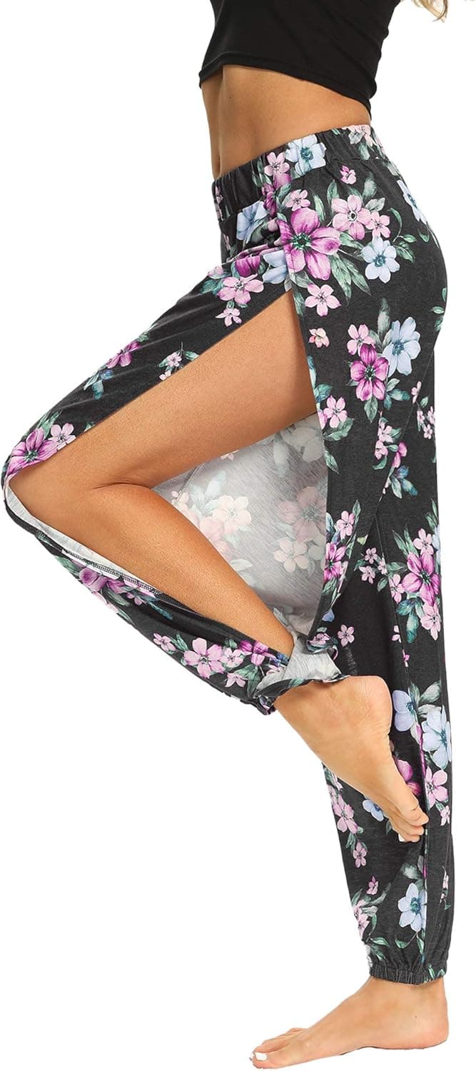 PACBREEZE Women's Yoga Harem Pants Side Slit Joggers Active Workout Sweatpants Beach Cover-up Pants(Purple Flower, Medium)