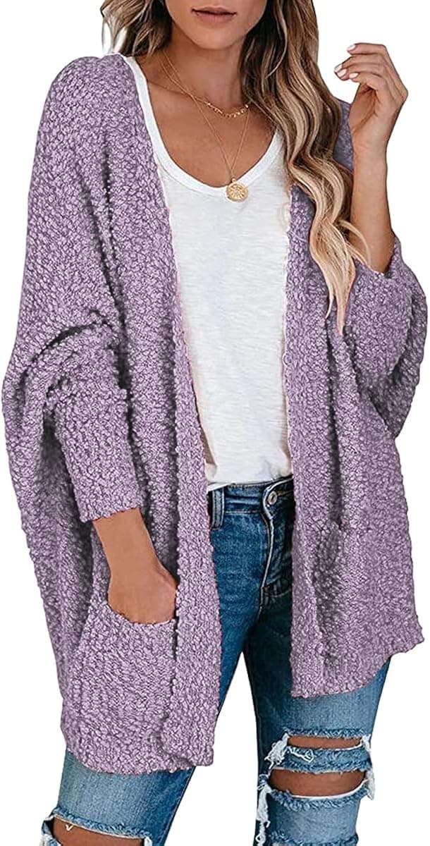 ANRABESS Womens Open Front Fuzzy Cardigan Sweater Batwing Sleeve Loose Knit Popcorn Cloak Outwear with Pockets A230zi-3XL Purple