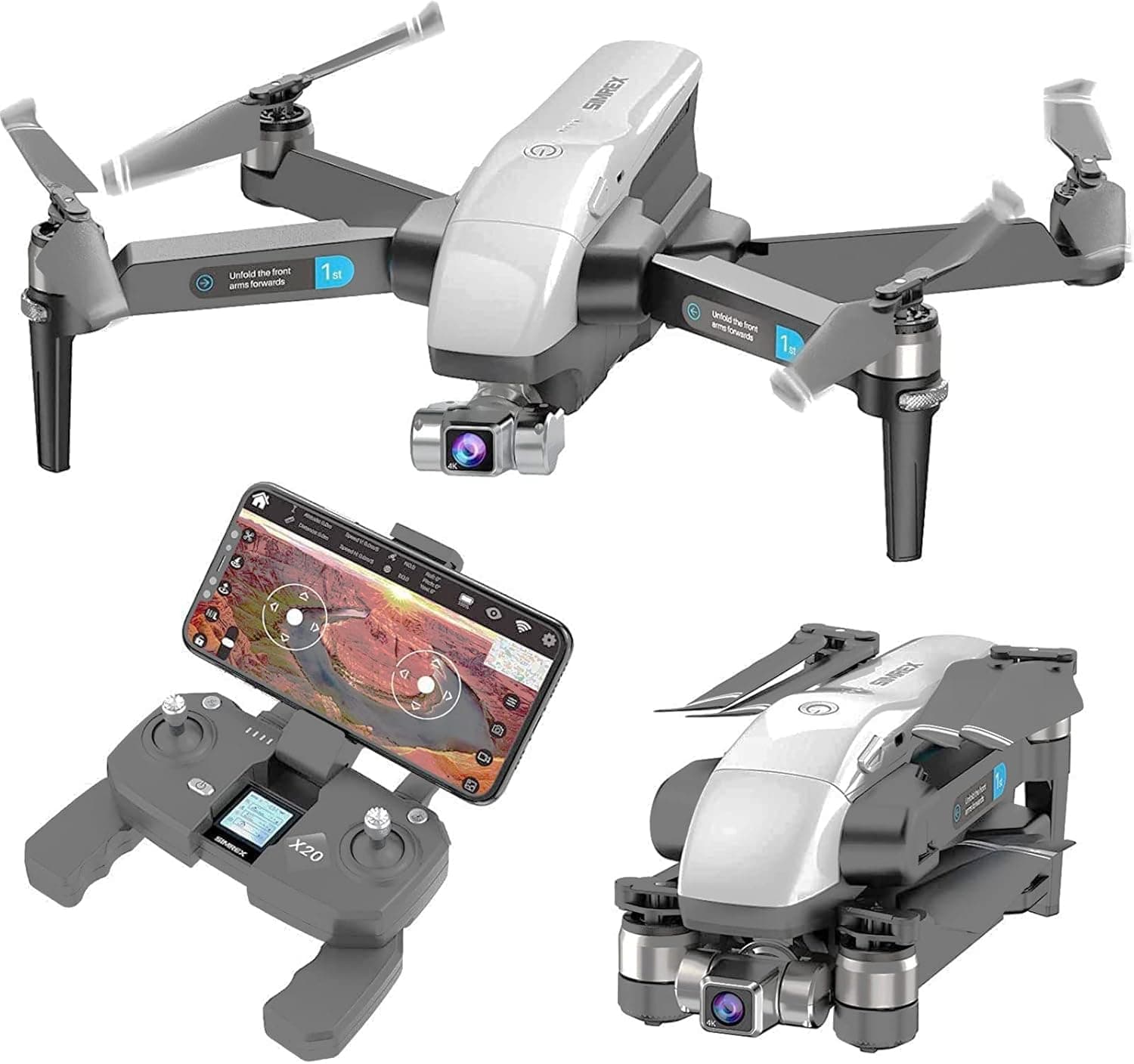SIMREX X20 GPS Drone with 4K HD Camera 2-Axis Self stabilizing Gimbal 5G WiFi FPV Video RC Quadcopter Auto Return Home with Follow Me Altitude Hold Headless Brushless Motor Remote Control Gray