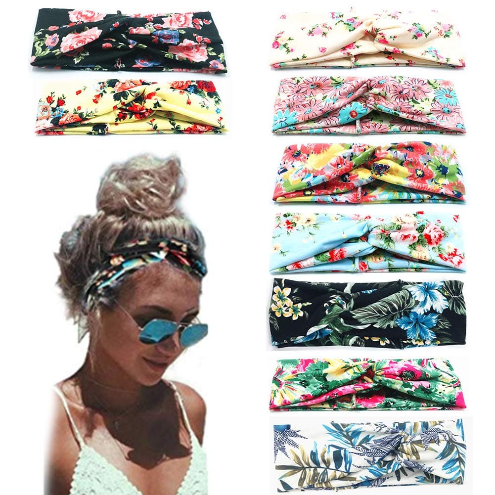 Scettar Beach Headbands for Women, 9 Pack Women's Boho Headbands for Women Girls Wide Bohemian Knotted Yoga Headband Head Wrap Hair Band Elastic Hair Band Accessories for girl (A)