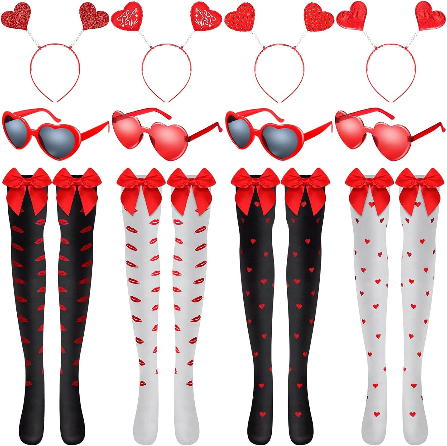 Valentine's Day Costume Set for Women, Heart Head Boppers Headbands Heart Shape Glasses and Thigh High Stockings with Bow for Party Props Holiday Costume Accessory