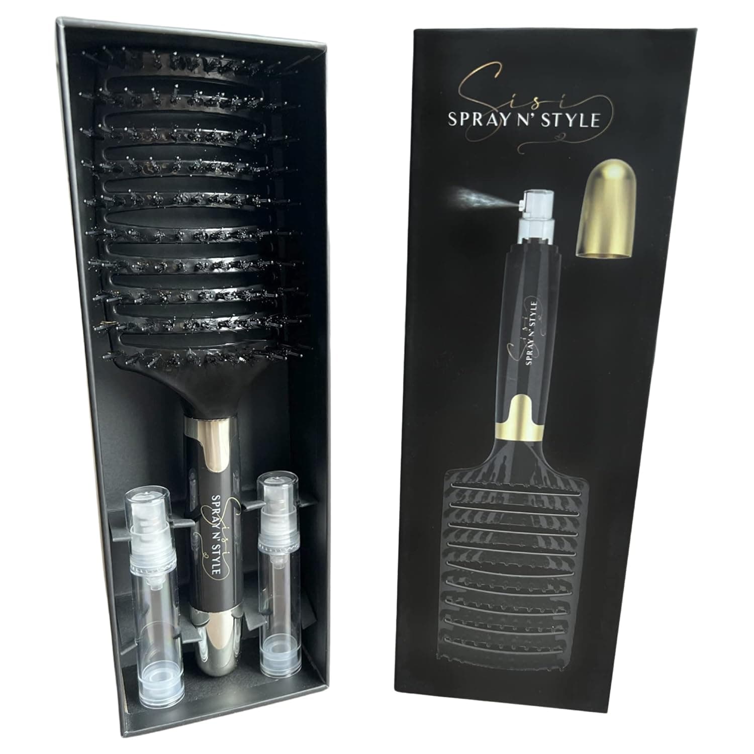 Sisi Spray N' Style- A detangling hairbrush with PRODUCT SPRAY HANDLE / A spray brush for travel or everyday use / mixed boar hair bristles and nylon pins/ styling brush for all hair types / for adults and children / use with any hair product / wet or dry hair / curved, vented brush head/ PATENTED