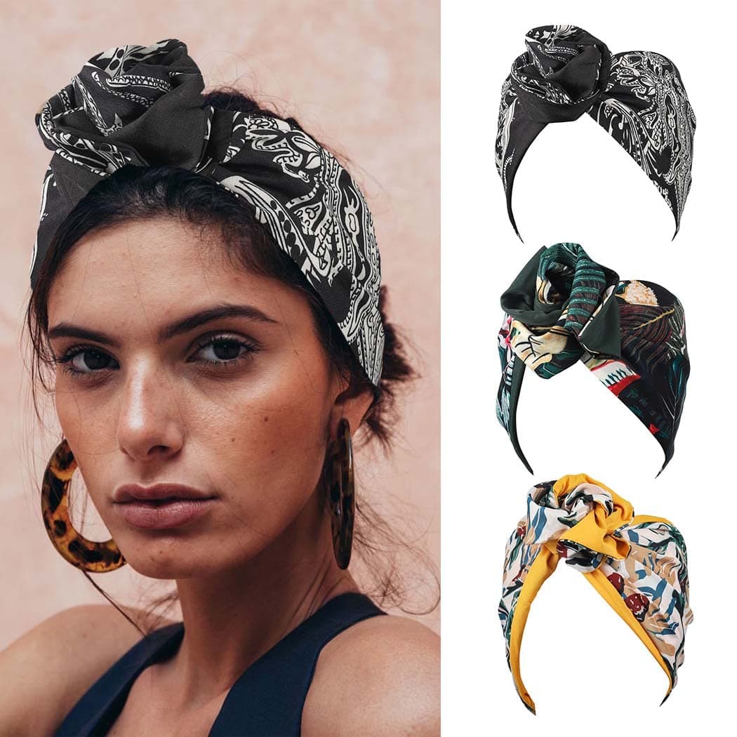 YBSHIN Wide Twist Wire Headbands Black Vintage Head Wraps Flower Printed Headress Adjustable Turban Wired Hairbands Hair Holder Fashion Hair Bandanas White Hair Accessory for Women and Girls (Pack of 3) (Style 1)